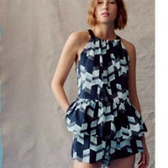 PETER SOM for ANTHROPOLOGIE • Blue Geometric Print Nikola Flounce Cami Sz PL - Picture 2 of 11